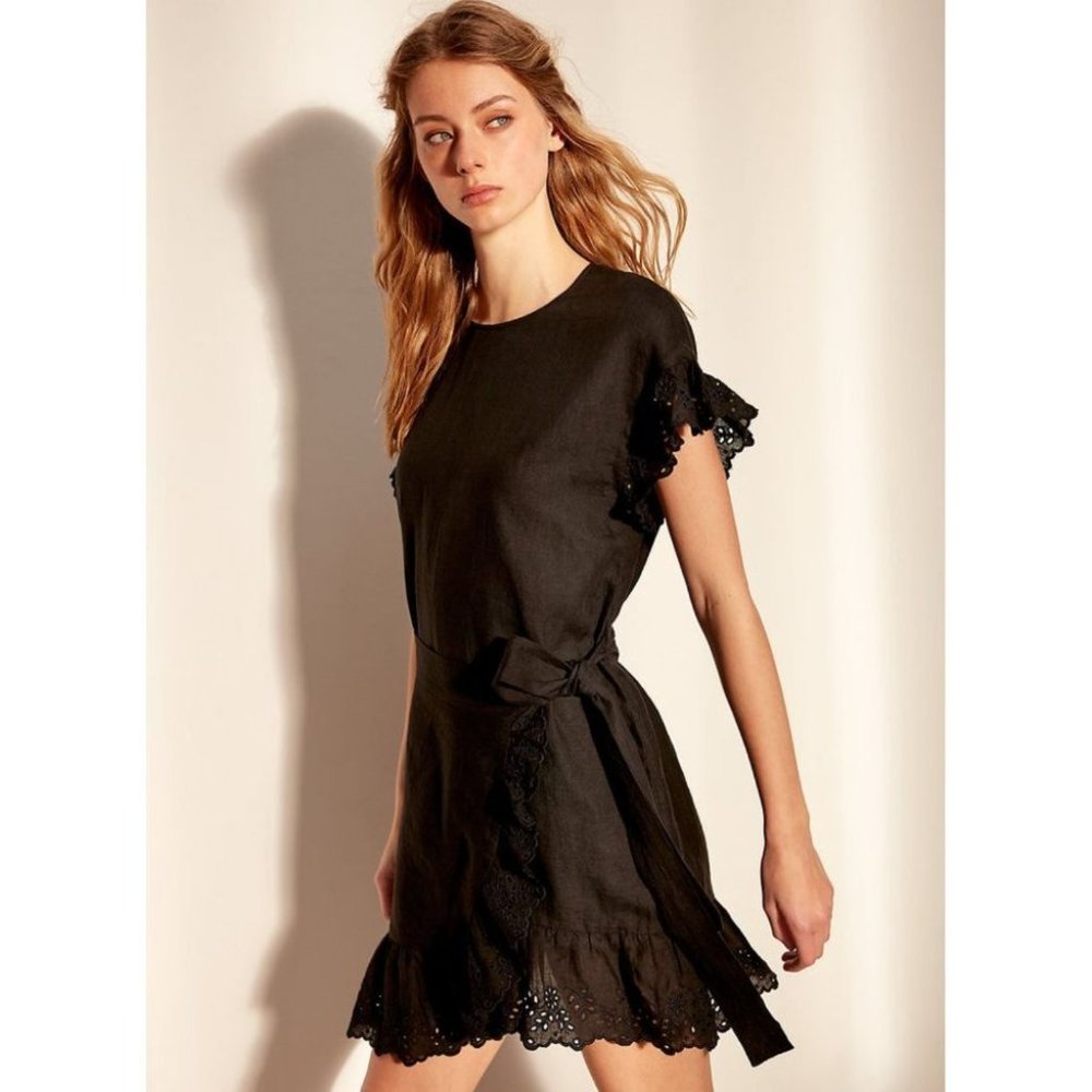 Aritzia Wilfred la boheme Ninette Ruffled Wrap Dress XS Black Linen Mini - Picture 2 of 6